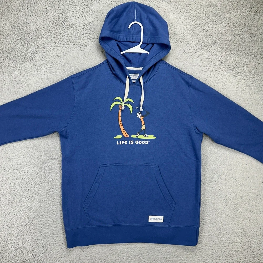 Life Is Good Mens Hoodie Sweatshirt Large Blue Golfing Print Pocket Drawstring